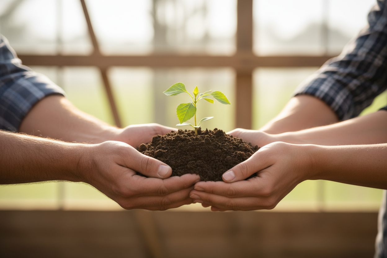 team image with hands holding plant